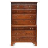 A 19th century mahogany chest on chest, dentil cornice above blind fretwork panel, two short over