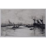 William Lionel Wyllie (1851-1931), 'The Lower Pool, Wapping, with tug, Thames Barge, & other