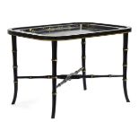 A modern Vaughan lacquered and japanned tray top occasional table in the Victorian manner, on faux