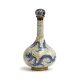 A Chinese cloisonné bottle vase with lid (af), depicting dragons chasing a flaming pearl on a