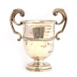 A silver trophy cup with twin scrolling handles, 13.5cm high excluding handles, 8.3oz