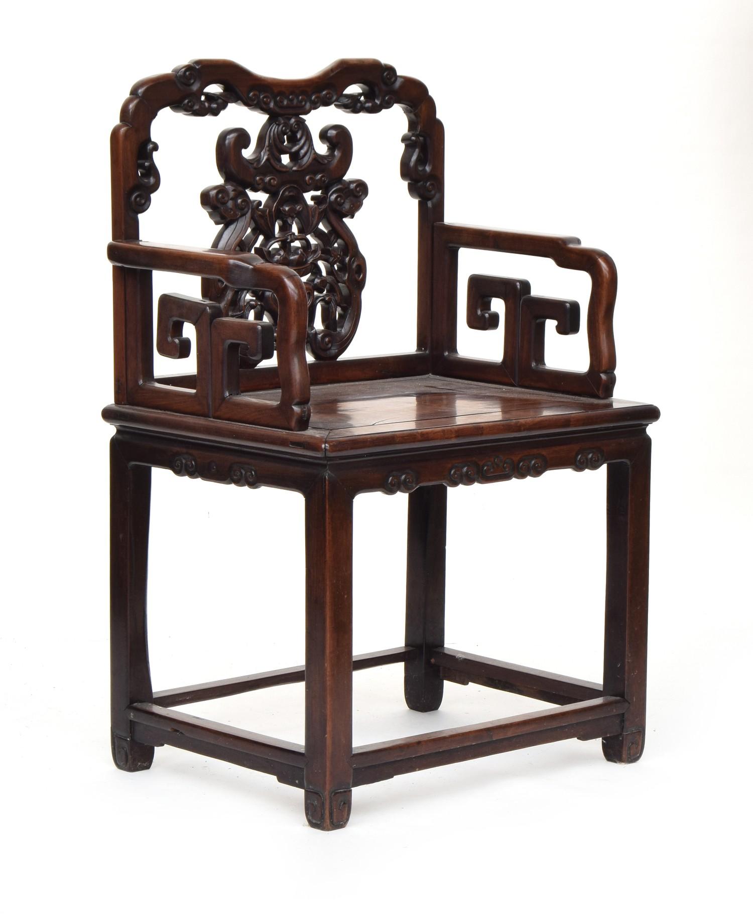 A Chinese hardwood elbow chair, the shaped back with pierced and carved peach and scroll ornament, - Image 2 of 7