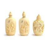 A pair of Chinese ivory snuff bottles with one side having carved scenes depicting scholars and