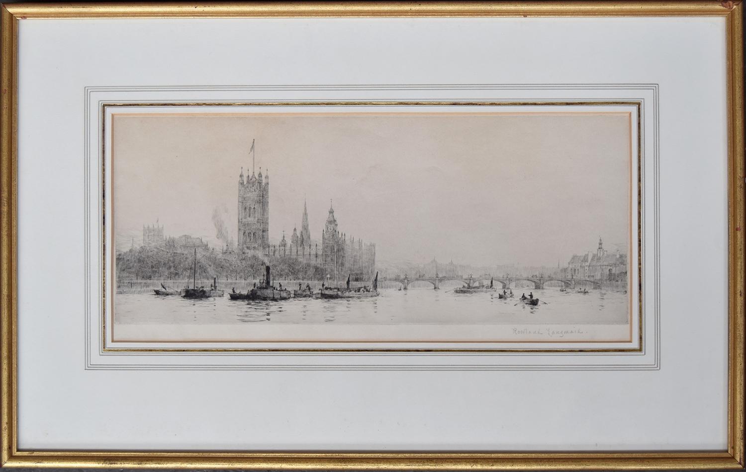 Rowland Langmaid (1897-1956), 'The Houses of Parliament and Westminster Bridge', drypoint etching, - Image 2 of 2