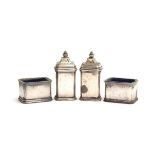 A pair of silver salts of canted rectangular form with blue glass liners, together with a pair of