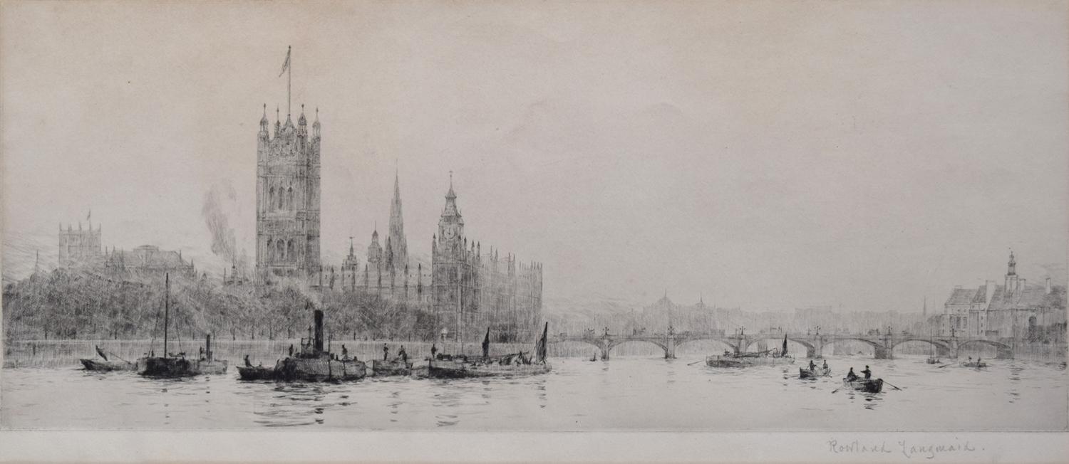 Rowland Langmaid (1897-1956), 'The Houses of Parliament and Westminster Bridge', drypoint etching,