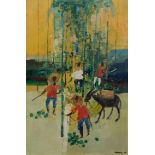 20th century European school, Nojiri(?), 'Figures with Donkey', oil on canvas, signed lower right