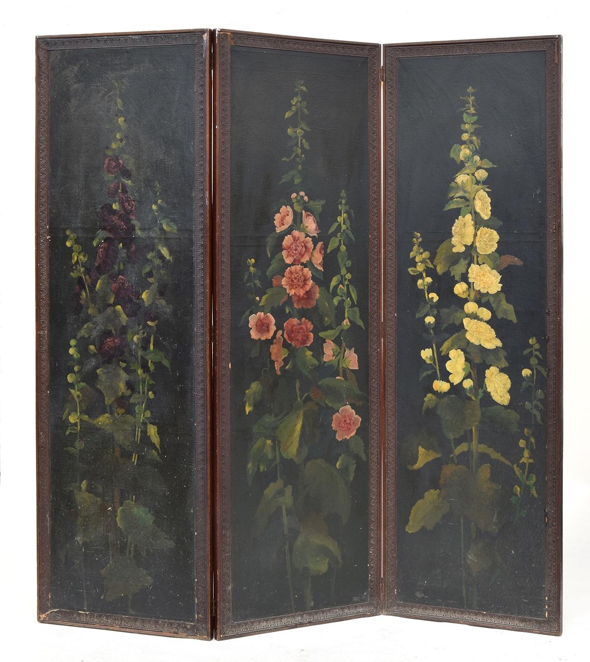 An early 20th century tooled leather three panel screen, painted with flowers, 182cm high, each