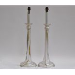 A pair of late 19th century fluted glass candle holders, adapted for electrical use, the glass