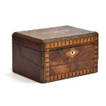 A 19th century parquetry writing box, having fitted interior with inkwell and pen rest, the slope