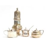 A lot of silver cruet items, to include a lidded drum mustard of oval form by Stokes & Ireland