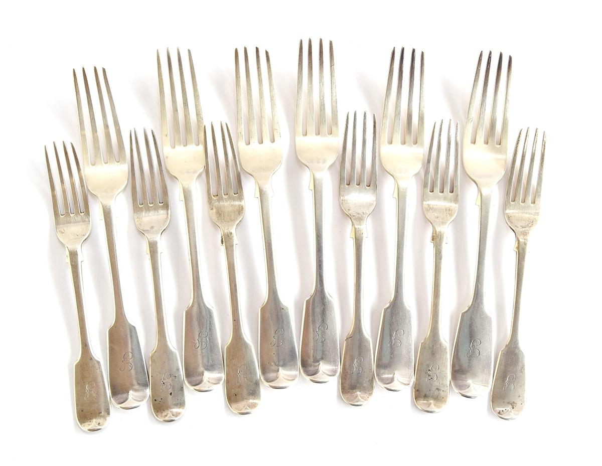 A set of six large and six smaller Victorian Old English pattern forks by Chawner & Co (George