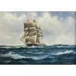 Ian Hansen (b. 1948), 'Clipper Blackadder' a study of a tall ship in choppy seas, oil on canvas laid