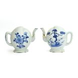 Two unusual Chinese 19th century blue and white Cadogan teapots (af), each formed in the shape of