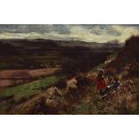 Joshua Anderson Hague (1850-1916), two children in a Scottish landscape, oil on board, 50 x 75cm