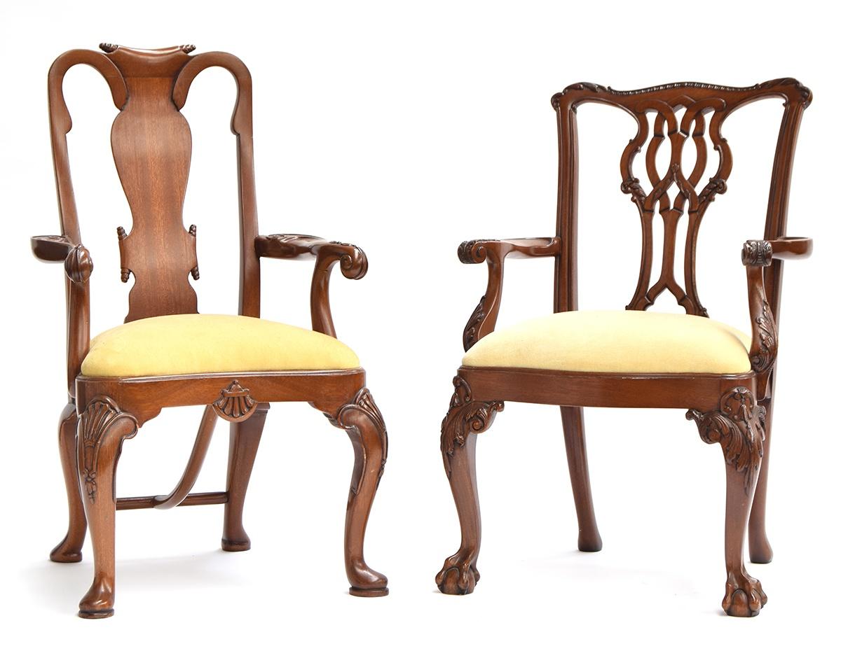 Two miniature carved hardwood vase splat open armchairs, each with upholstered seat, on cabriole