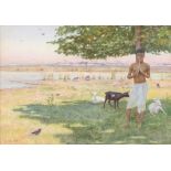 L J Scott, goatherd playing a pipe by the River Nile, watercolour, signed lower left, 26 x 36cm