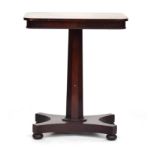 A 19th century mahogany pedestal table, rectangular top on octagonal tapered column and quatrefoil