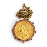 1893 gold 10 dollar coin in 9ct gold holder and yellow metal chain