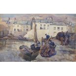 Newlyn school, fishermen, possibly Penzance, watercolour, 33 x 52cm