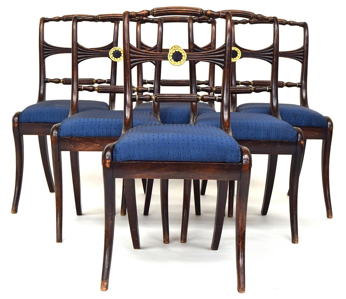 A set of six 19th century dining chairs, carved rail with parcel gilt rosette decoration, over - Image 2 of 4