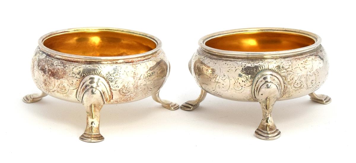 A pair of George II silver salts, maker's mark rubbed, London 1738, silver gilt interior, bright cut