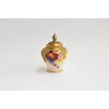 A Royal Worcester potpourri vase with pierced lid, heightened in gilt, hand painted with