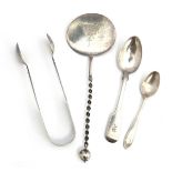 A small lot of silver to include a pair of Victorian silver sugar tongs by John Stone, Exeter