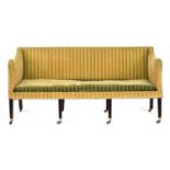 A George III sofa with square back, upholstered in a striped fabric, with horsehair cushion,