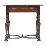 A William & Mary oak lowboy, moulded three plank top above single frieze drawer, on turned legs