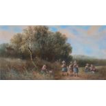 19th century gouache, children at play, signed indistinctly lower right, 19 x 37cm