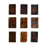 A collection of nine Persian As Nas playing cards, illuminated oil paintings lacquered on cardboard,