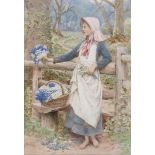 Henry James Johnstone R.B.A (1835-1907), 'A young girl gathering spring flowers', watercolour on
