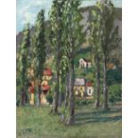 Louis Mery (French, 1877-1967), untitled oil on board, French village among poplar trees, 35 x 27cm