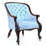 A button back salon chair, curved top rail, with carved supports on scrolling carved legs, with