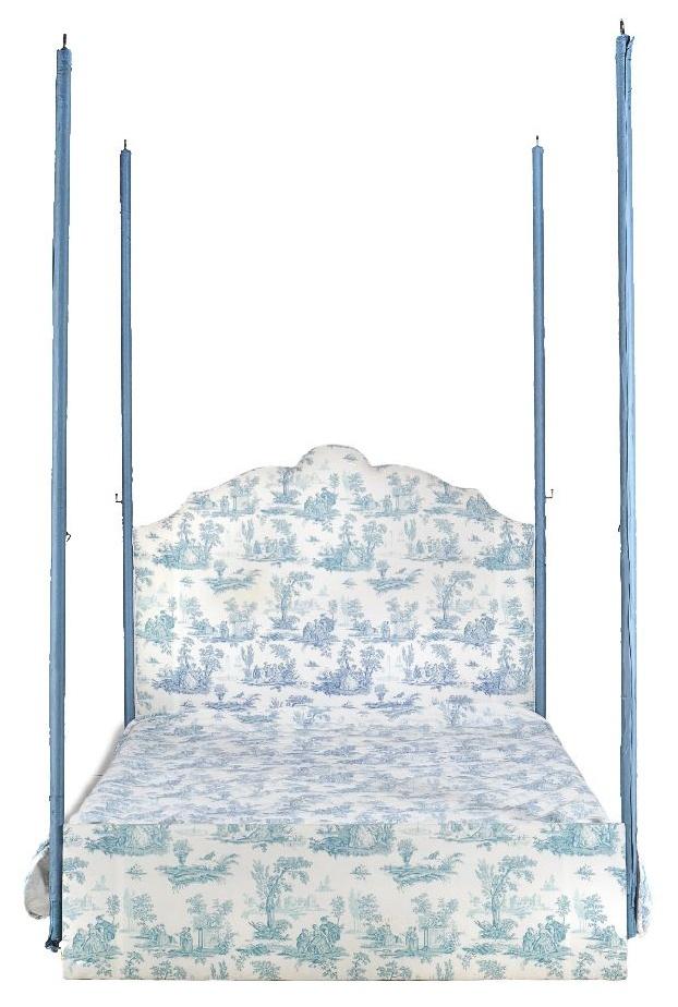 A modern tester bed, hung with turquoise and white Chinoiserie drapes, counter pain and headboard,