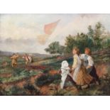 19th century British school, Kite Flying on the Heath, oil on canvas, 29 x 39cm