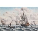 A 19th century watercolour depicting tall ships at sea, 17.5 x 27.5cm; together with one other small