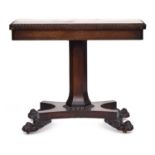 A 19th century rosewood folding card table with green baize lining, swivel top revealing compartment