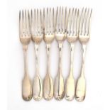 A set of six Victorian silver fiddle pattern dessert forks, by Elizabeth Eaton, London 1856, 9.4oz