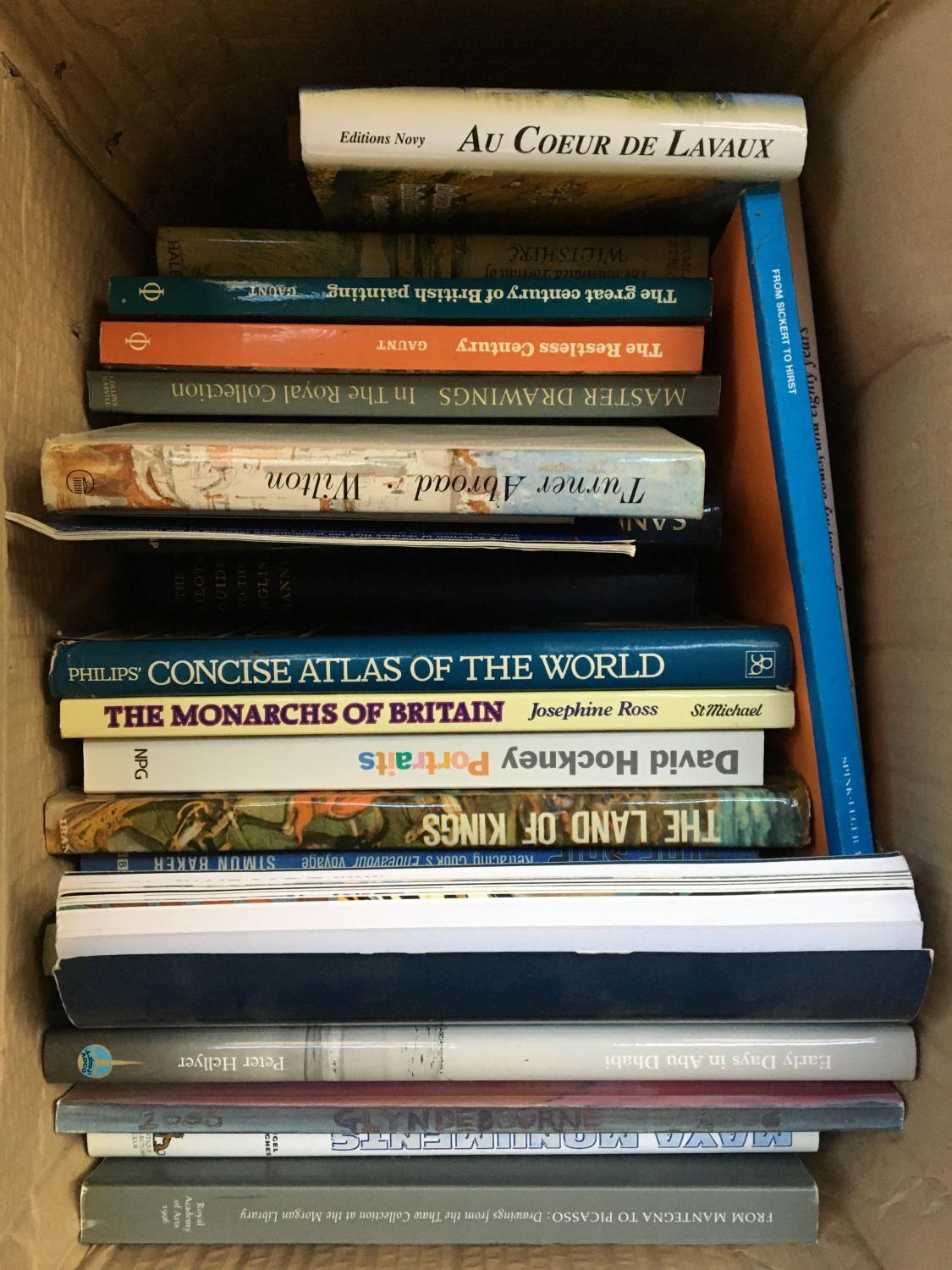 A box of art books, various subjects including David Hockney, Turner, Old Masters