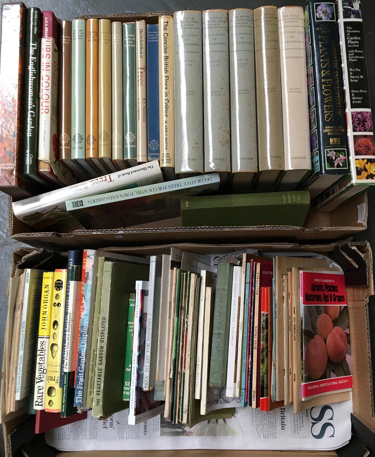 Three boxes of books on the subject of gardening and natural history, to include the 'RHS Dictionary