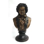 A large cast metal bust of Beethoven, stands 43cmH