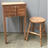 An unusual oak side table with three draws, 44.5x30.5x77cmH; together with a 19th century kitchen