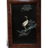 A pair of Japanese mother of pearl inlaid pictures depicting cranes amongst cherry blossom, each