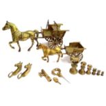 A collection of brass items, to include two brass horse and carts, the larger 21.5cmH, the smaller
