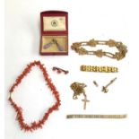 A lot to include coral necklace and brooch, 9ct gold crucifix, other gold metal items