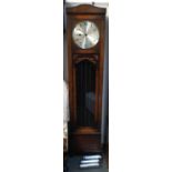 An Art Deco style oak long case clock, silvered dial, 28cm, with Arabic numerals, the clock standing