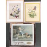 A Player's No. 3 Cigarettes advertising print; together with a needlework study of butterflies and