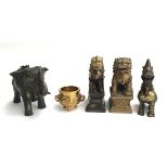 Various cast metal items to include several Foo dogs on plinths, elephant, censer (5)